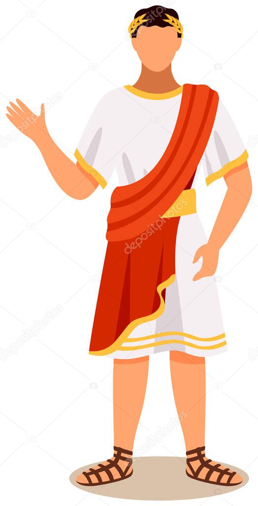 Man dressed as roman emperor wearing white tunic draped with red cape, head of european country