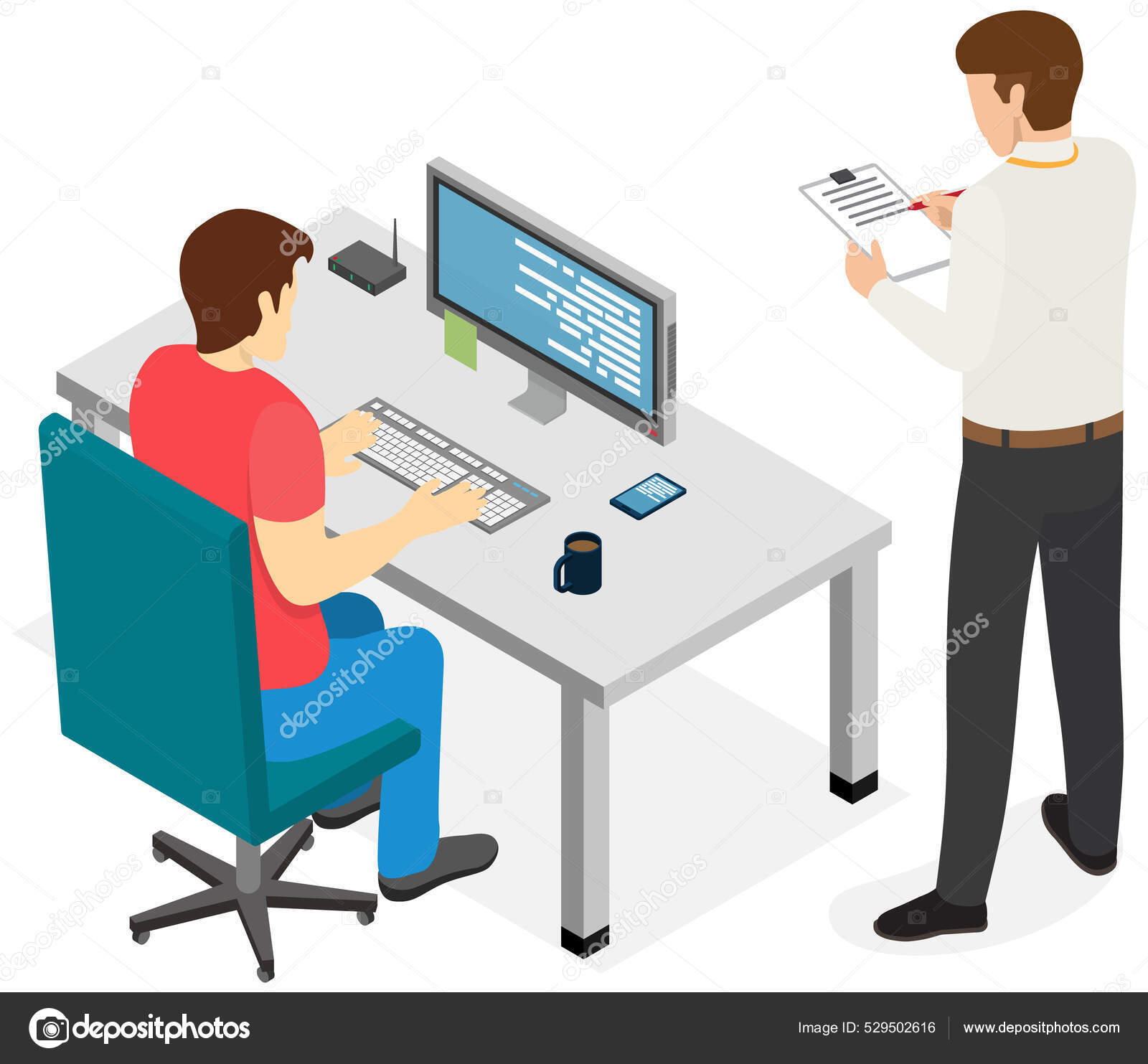 主任控制下属的工作,并在剪贴板上做笔记.控制员工的老板图库矢量图©robuart 529502616, image size:1600x1483