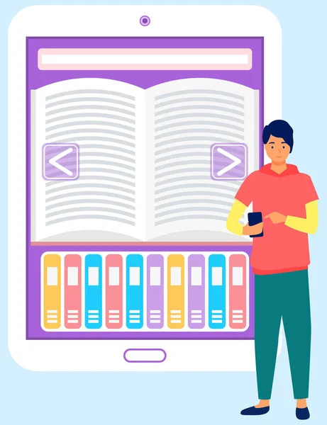Libreria online concetto di istruzione design piatto. Applicazione per la lettura di diversi libri su smartphone — Vettoriale Stock