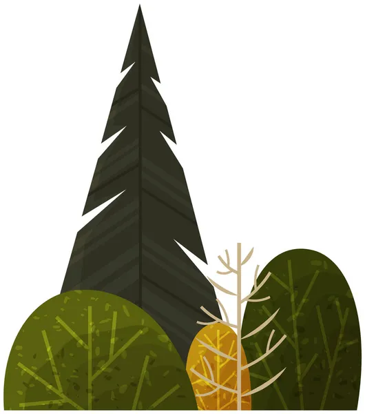 Зеленый простой графики дерево и куст тонкий коричневый ствол и ветви лесного растения изолированы на белом — стоковый вектор