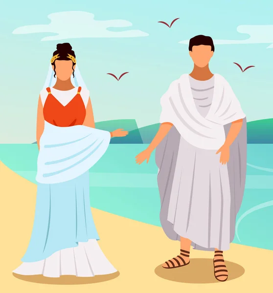 Femme romaine et l'homme en vêtements traditionnels, les citoyens de l'ancien vecteur rome sur fond blanc — Image vectorielle