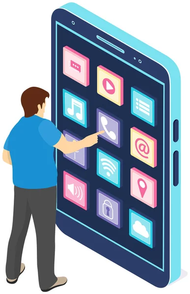 Hombre cerca del teléfono con iconos de aplicación presiona el botón en la pantalla. Desarrollo de la aplicación móvil — Vector de stock