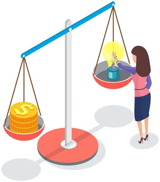 A nő villanykörte ötlettel és érmékkel dönt a mérlegen. Az üzleti fejlődés stratégiája — Stock Vector