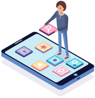 Telefonun yanındaki adam ekranda uygulama simgeleriyle çalışıyor. Mobil uygulama kavramının geliştirilmesi