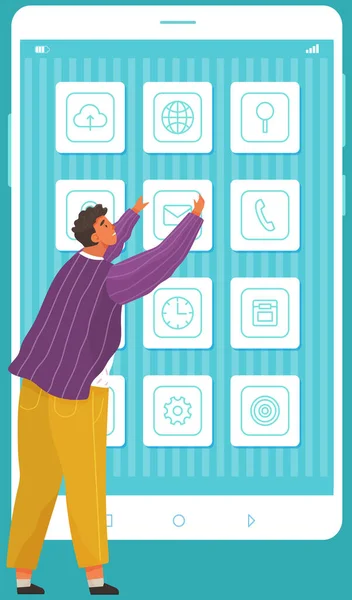Uomo che interagisce con gli elementi sul display del telefono. Creare un account profilo cliente nell'app mobile — Vettoriale Stock