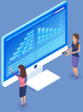 İş raporlarıyla bilgisayarın önünde muhasebe yapan insanlar. Veri ve istatistik analiz kavramı