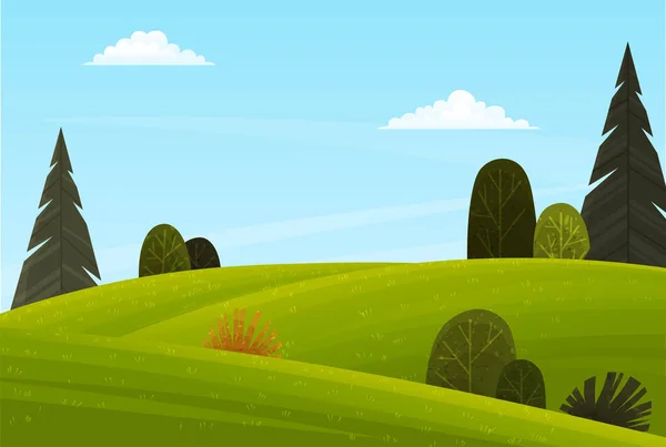 Naturligt landskap bakgrund med kullar klarblå himmel och moln gröna högar igenväxta med gräs — Stock vektor