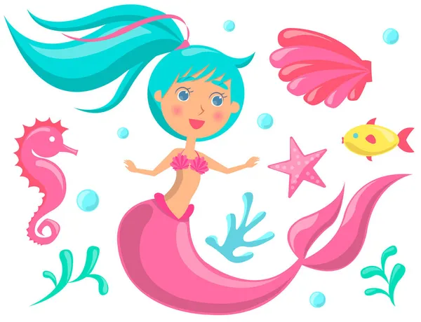 Vida submarina de sirena, peces azules, caballitos de mar, coral y algas marinas en el océano. Dibujos animados ninfa agua — Archivo Imágenes Vectoriales