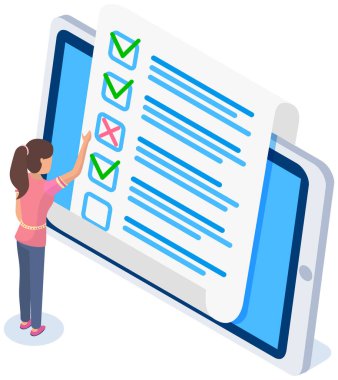 Tablet ekranında çevrimiçi form araştırması. Kadın boş görünüyor. Listedeki cevapları düşünen kız