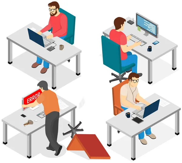 Software developing company team work together coding. Programmers writing code sitting in office — Stock Vector