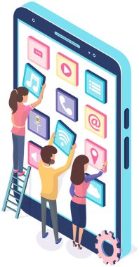 Akıllı telefon için mobil program, elektonik aygıt uygulaması geliştirmek için çalışan insanlar