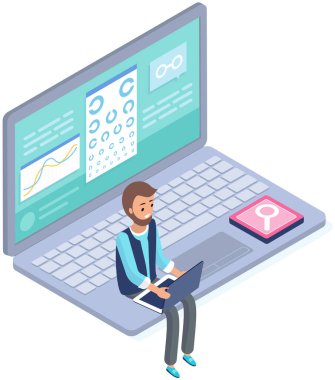Optalmik tıbbi web sitesi ve grafik gözlü dizüstü bilgisayar. Görme ve göz durumunu kontrol eden adam