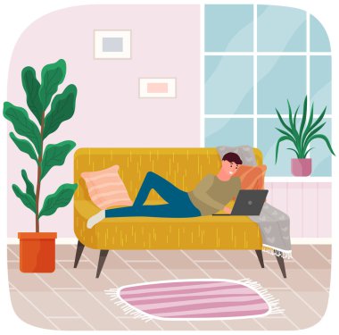 Adam yalan söylüyor ve sohbet etmek için dizüstü bilgisayar kullanıyor. Adam iletişim kurmak ve sohbet etmek için bilgisayar başında vakit geçiriyor.