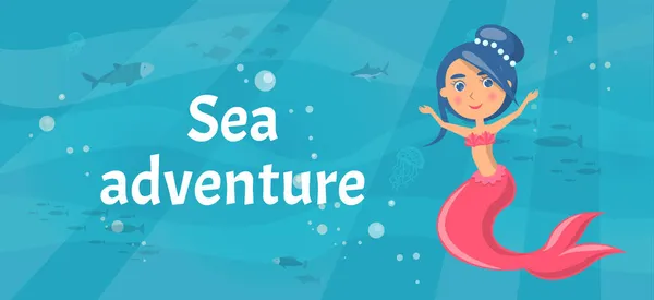 Mar aventura con la naturaleza marina salvaje, sirena y peces. Vida submarina de las criaturas marinas — Archivo Imágenes Vectoriales