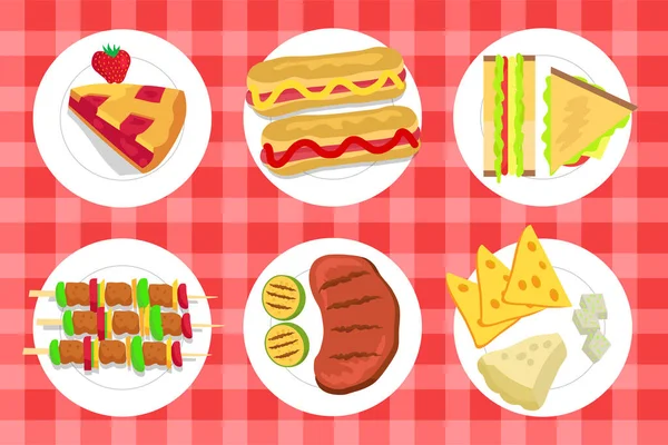 Conjunto de platos de pastel y picnic Ilustración vectorial — Vector de stock