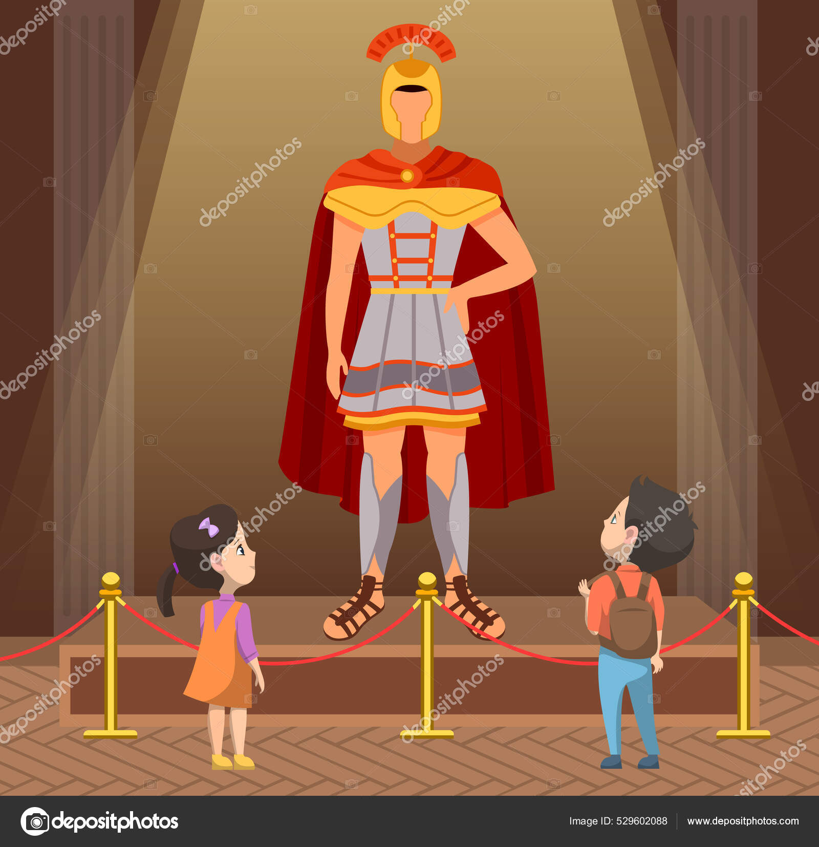 Museu visitantes grupo de crianças pequenas olhando para a figura clássica  de soldado romano gladiador Vetor de ©robuart 529602088, image size:1600x1654