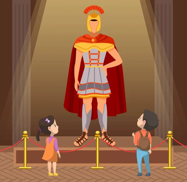 Muzeum návštěvníků skupina malých dětí při pohledu na klasickou postavu římského vojáka gladiátora — Stockový vektor