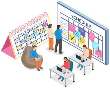 İş ekibi ofis toplantıları ve etkinliklerin zaman çizelgesini yapar. İnsanlar planı, programı analiz eder.