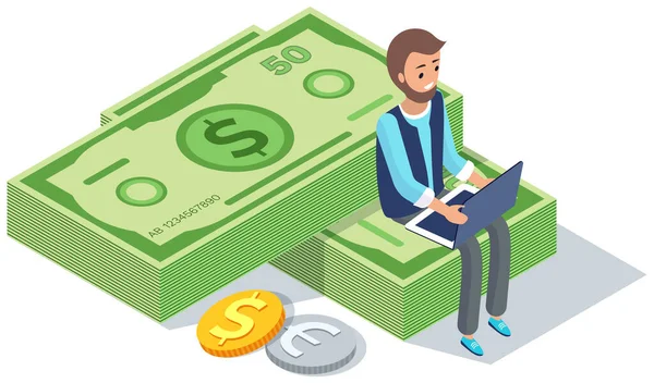 Empresario con portátil sentado en billetes de dólar trabajando con las finanzas. El hombre trabaja en la banca en línea — Vector de stock