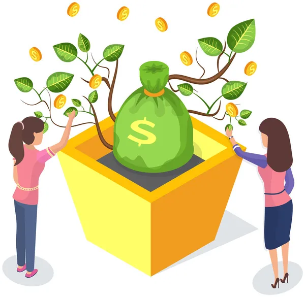 女人用钞票从金钱树上收割。在植物上种植美元钞票和金币 — 图库矢量图片