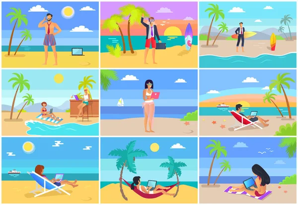 Freelancer Carteles de Verano con Hombre y Mujer — Vector de stock