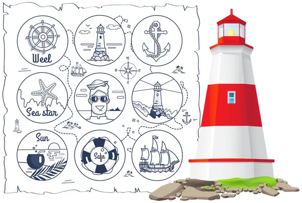 Морской инвентарь, маяк возле морских символов. Летние приключения, отдых на море — стоковый вектор