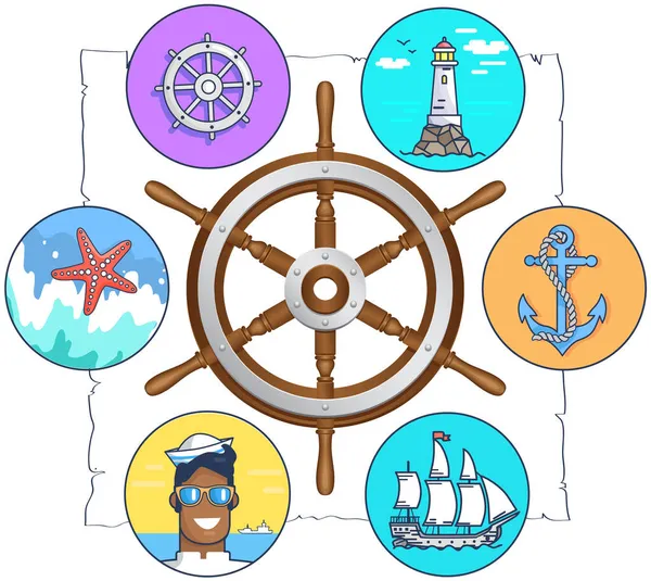 Руль окружен морскими символами, морскими иконами. Летние приключения, отдых на море — стоковый вектор