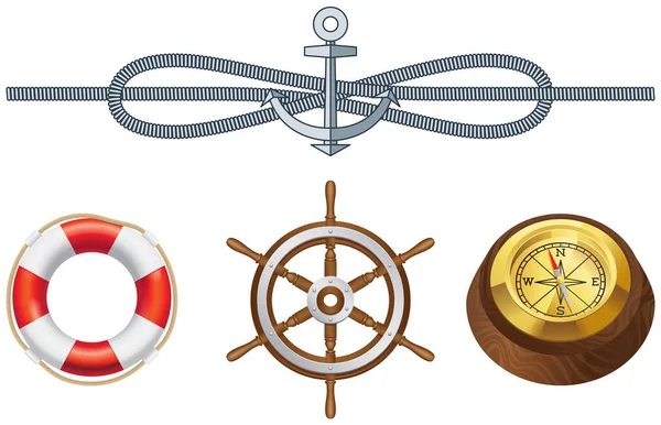Atributos de tema marino conjunto de vectores cuerda aislada, salvavidas, brújula vintage y volante — Archivo Imágenes Vectoriales