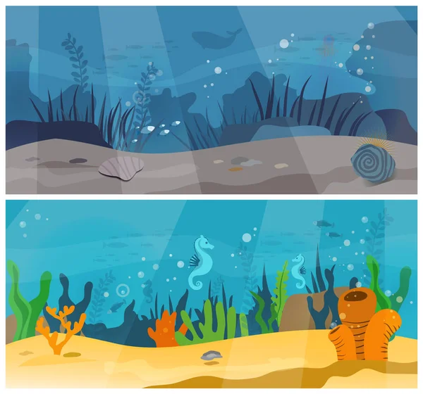 Conjunto de banderas de naturaleza oceánica. Habitante del mar profundo en el fondo. Naturaleza salvaje del océano mundial. Vida submarina — Archivo Imágenes Vectoriales