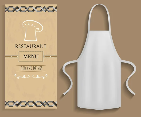 Kläder för matlagning i köket nära restaurang meny. Förkläde bredvid lista över mat och dryck — Stock vektor