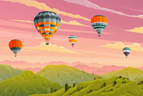 Moln och randiga varmluftsballonger mot molnig himmel flyger över berg. Festivalen för varmluftsballong — Stock vektor
