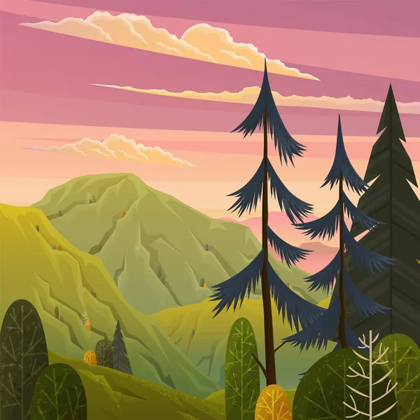 Зеленый пейзаж с векторной иллюстрацией горы пейзаж с деревьями и кустарниками на переднем плане — стоковый вектор