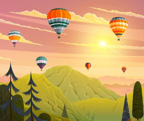 Moln och randiga varmluftsballonger mot molnig himmel flyger över berg. Festivalen för varmluftsballong — Stock vektor