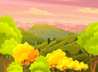 Green landscape with mountains vector illustration scenery with trees and bushes in foreground clipart