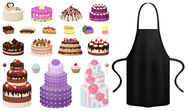 Roupas de chef ao lado de bolos. Vestuário de proteção, avental para cozinhar perto de produtos de padaria ícones — Vetor de Stock