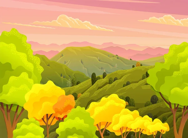 Paisaje verde con montañas vector ilustración paisaje con árboles y arbustos en primer plano — Archivo Imágenes Vectoriales