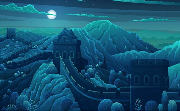 Wereldberoemde bezienswaardigheid - Grote Chinese Muur prachtige nacht landschap, monumentale gigantische structuur — Stockvector