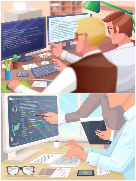 Programmeurs et analyste à la table avec ordinateur pointant pour afficher avec des graphiques et du code de programme — Image vectorielle