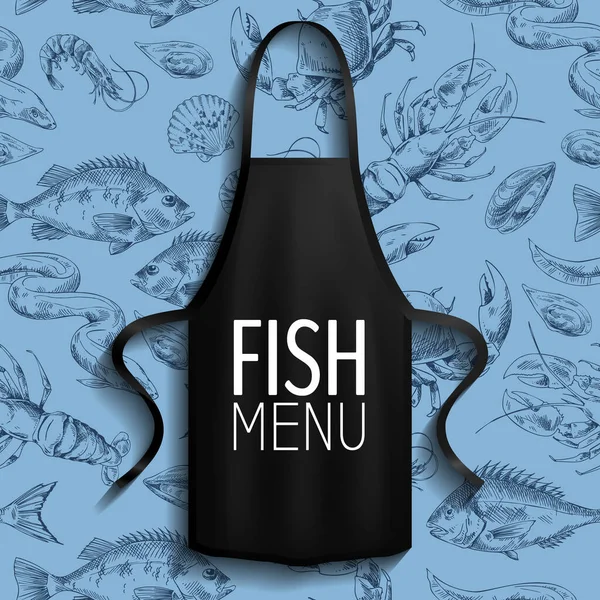 Ropa protectora, ropa para cocinar mariscos en el restaurante. Delantal con inscripción menú de pescado — Vector de stock