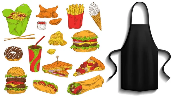 Prenda protectora para cocinar cerca de iconos de alimentos. Delantal al lado de platos fastfood vector ilustración — Archivo Imágenes Vectoriales