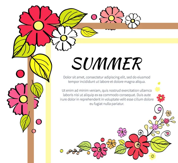 Texto de verano y marco floral Vector Ilustración — Archivo Imágenes Vectoriales