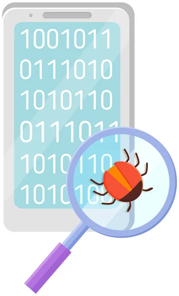 Un bug informatique dans la loupe. Signe pour concept mobile et web design. Virus informatique logo simple — Image vectorielle