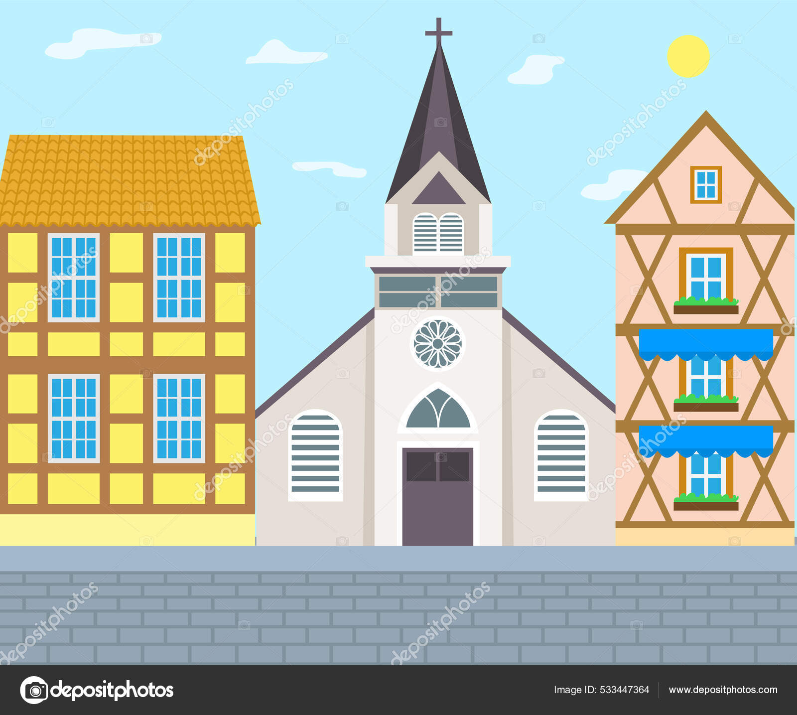 Gammel katolsk kirke. Tegning av katedralvektor stockvektor © robuart  #533447364, image size:1600x1435