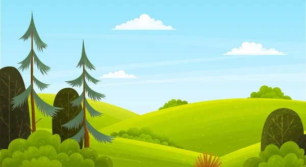Naturalne tło krajobrazu ze wzgórzami jasne niebieskie niebo i chmury zielone kopce porośnięte trawą — Wektor stockowy