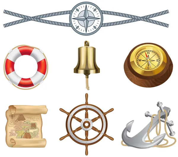 Atributos de tema marino conjunto de vectores cuerda aislada, salvavidas, brújula vintage y volante — Vector de stock