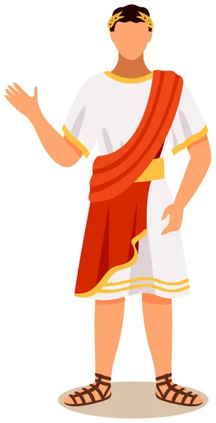 Man dressed as roman emperor wearing white tunic draped with red cape, head of european country — Stock Vector