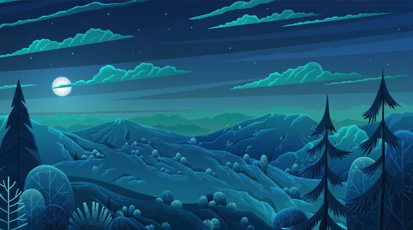 Природний нічний пейзажний фон з пагорбами темно-синє небо і хмари кургани, вирощені травою — стоковий вектор