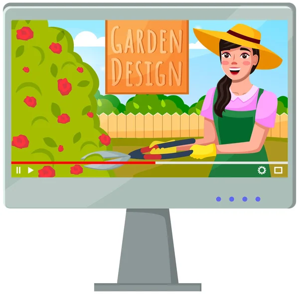 Femme travaille près de l'arbre, jardinage engagé. Jardinier taille rue avec ciseaux vidéo sur moniteur — Image vectorielle
