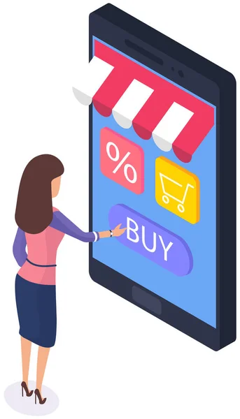 Donna che utilizza app per l'acquisto di beni in negozio tramite Internet. Applicazione shopping online sullo schermo — Vettoriale Stock