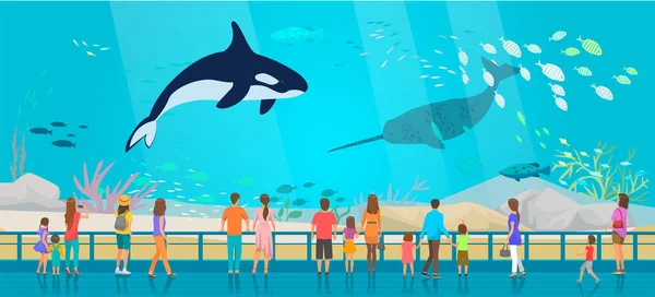 Pessoas assistindo paisagens subaquáticas com animais marinhos no oceanário. Fauna subaquática no aquário — Vetor de Stock